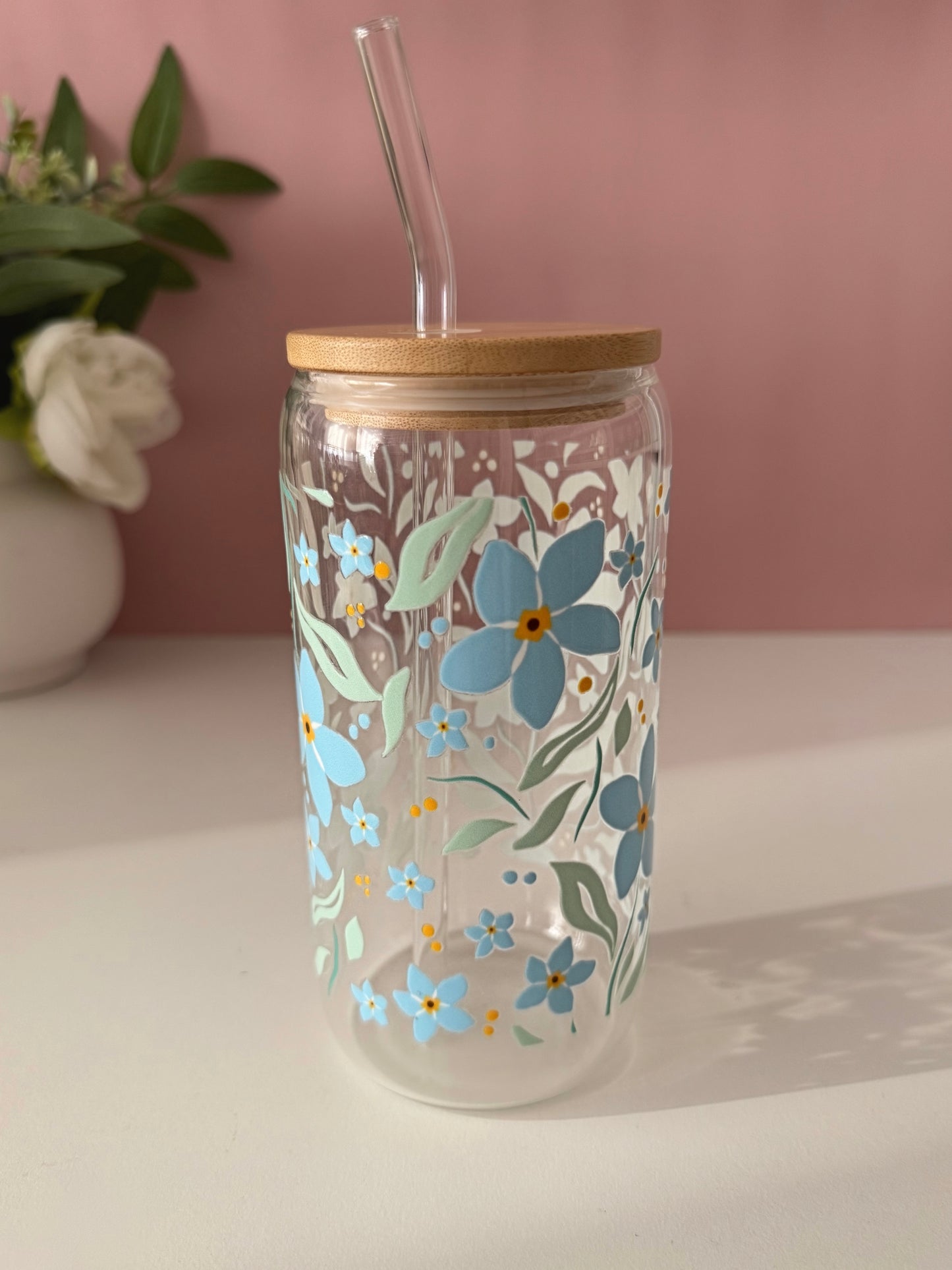Blue Botanical Glass Cup