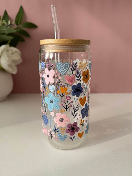 Doodle Flowers Glass Cup