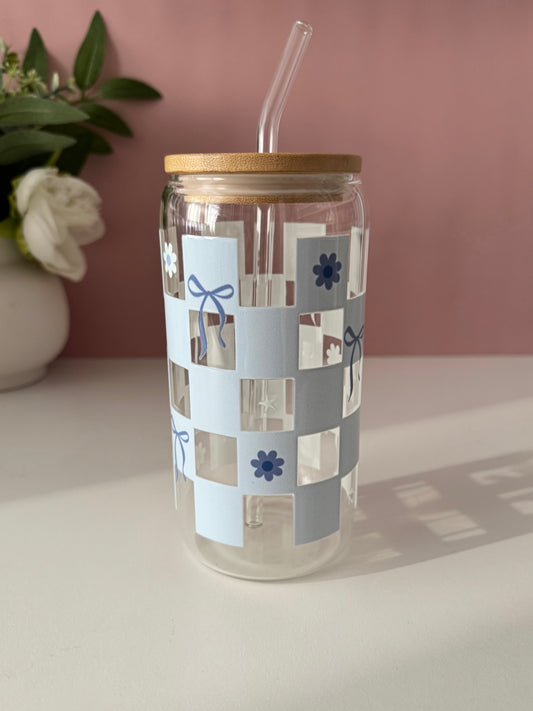Blue Gingham Glass Cup