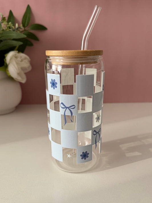 Blue Gingham Glass Cup