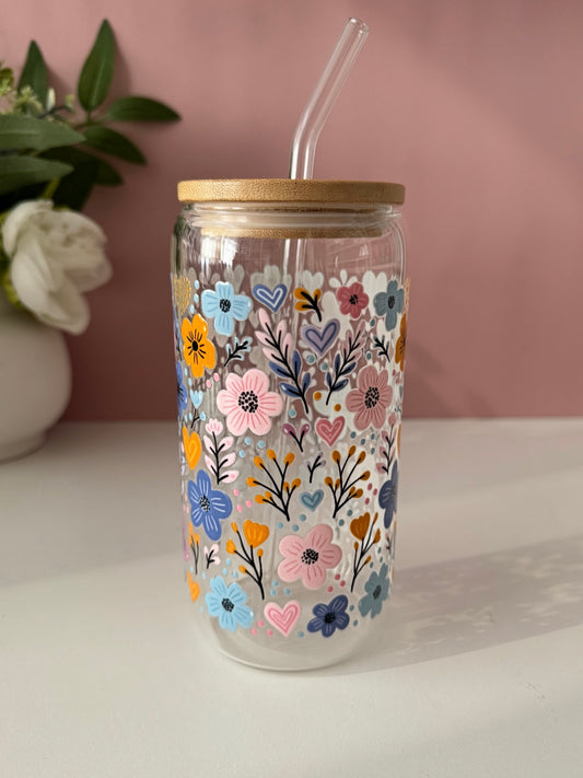 Doodle Flowers Glass Cup