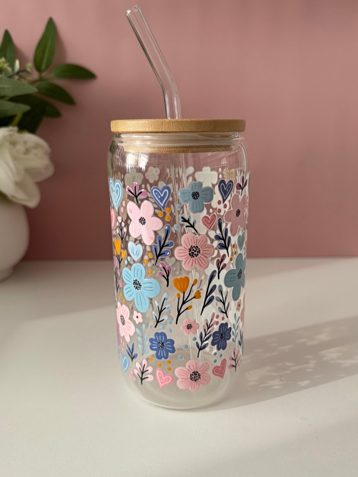 Doodle Flowers Glass Cup