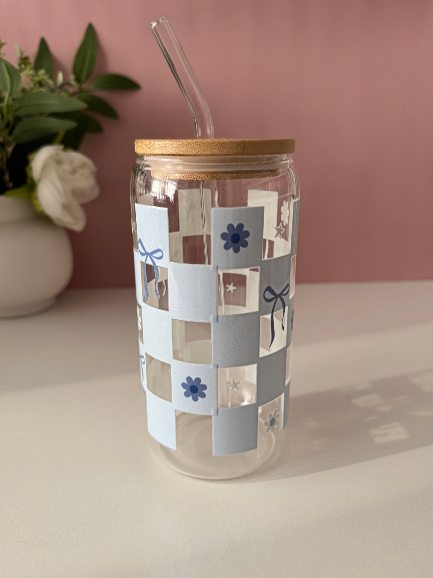 Blue Gingham Glass Cup