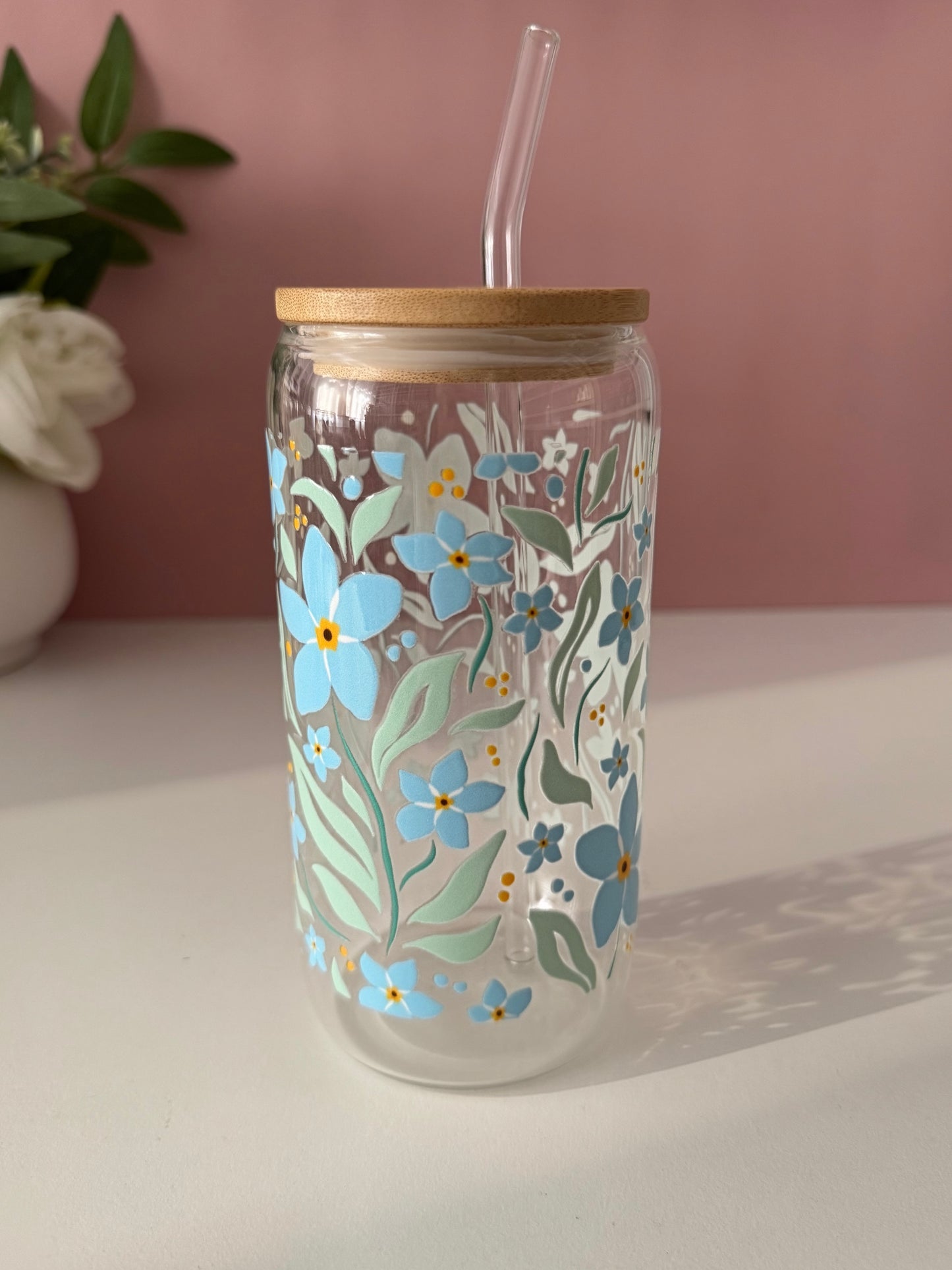 Blue Botanical Glass Cup